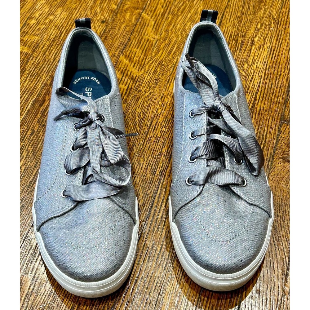 Sperry Top Sider Crest Vibe Lace Up Low Top Sneakers Gray Sparkle Canvas - SZ 6M